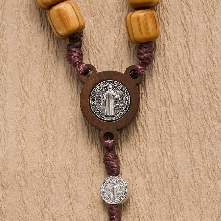 Christianartworkshop Natural Grain Barrel Timber Bead Knotted Cord Rosary With Mini Saint Benedict Medallions - image 4