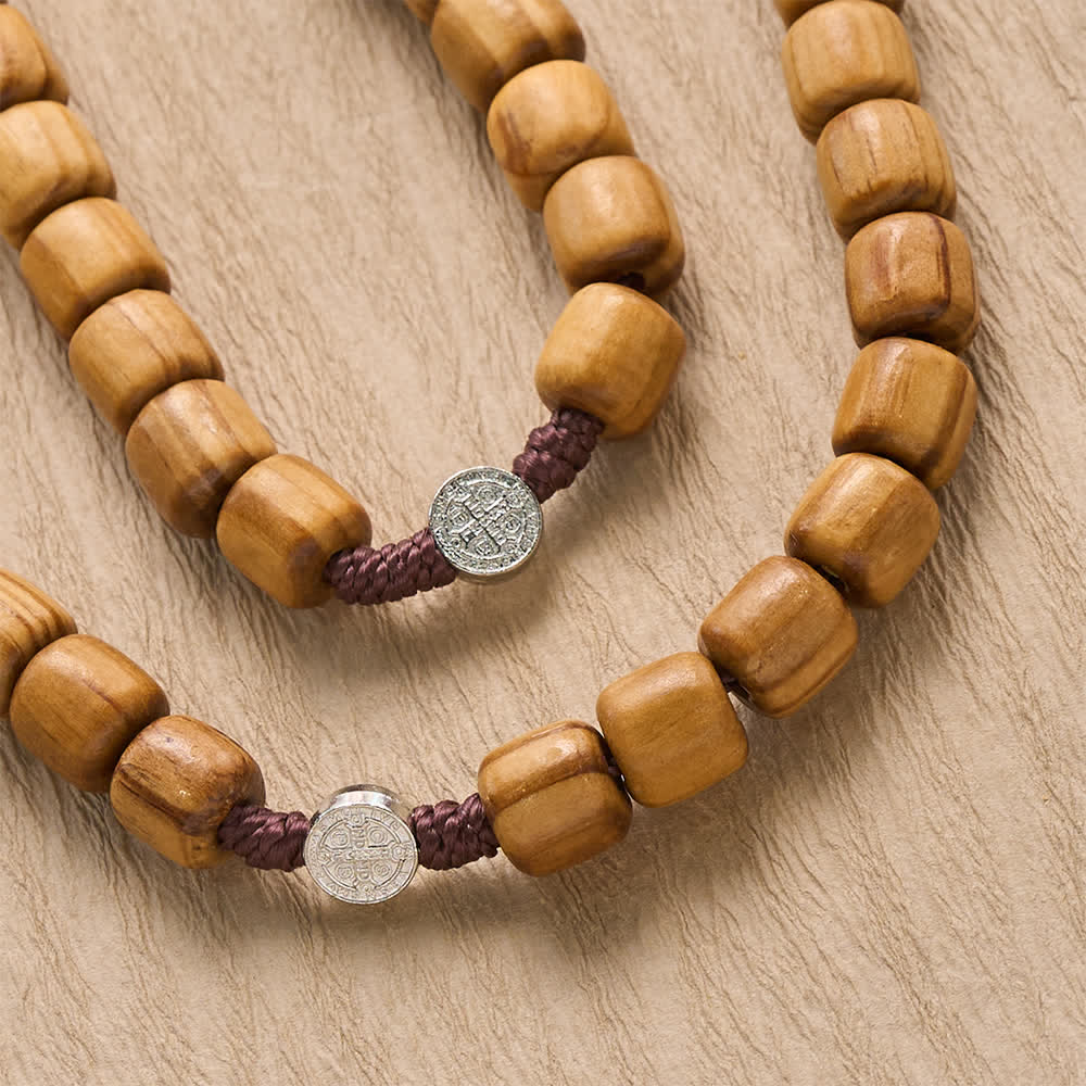Christianartworkshop Natural Grain Barrel Timber Bead Knotted Cord Rosary With Mini Saint Benedict Medallions - image 3