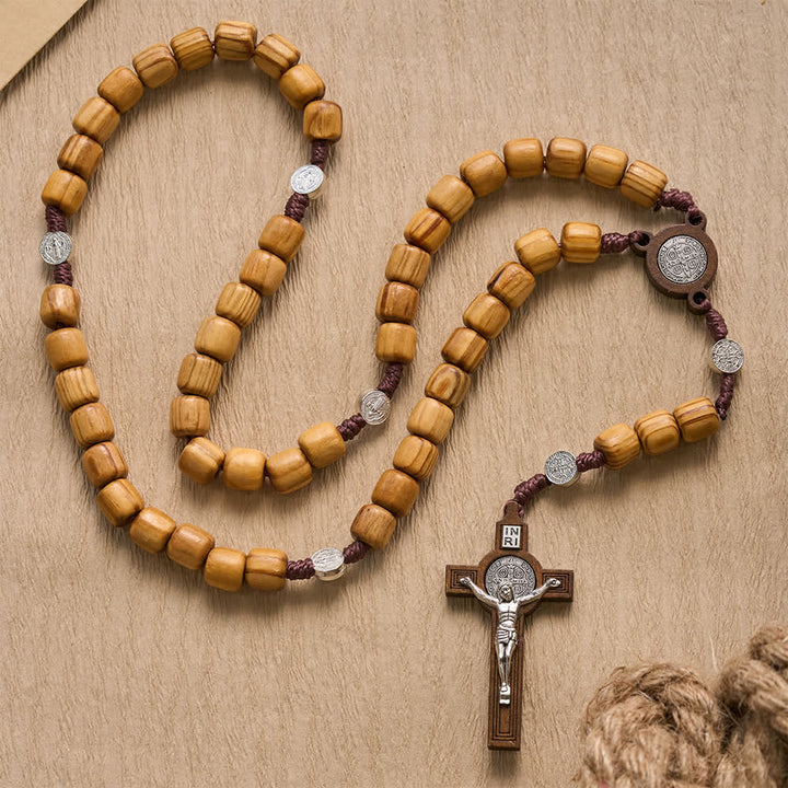Christianartworkshop Natural Grain Barrel Timber Bead Knotted Cord Rosary With Mini Saint Benedict Medallions - image 2