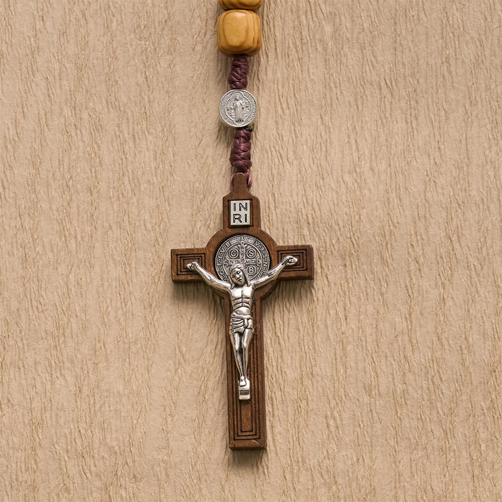 Christianartworkshop Natural Grain Barrel Timber Bead Knotted Cord Rosary With Mini Saint Benedict Medallions - image 6