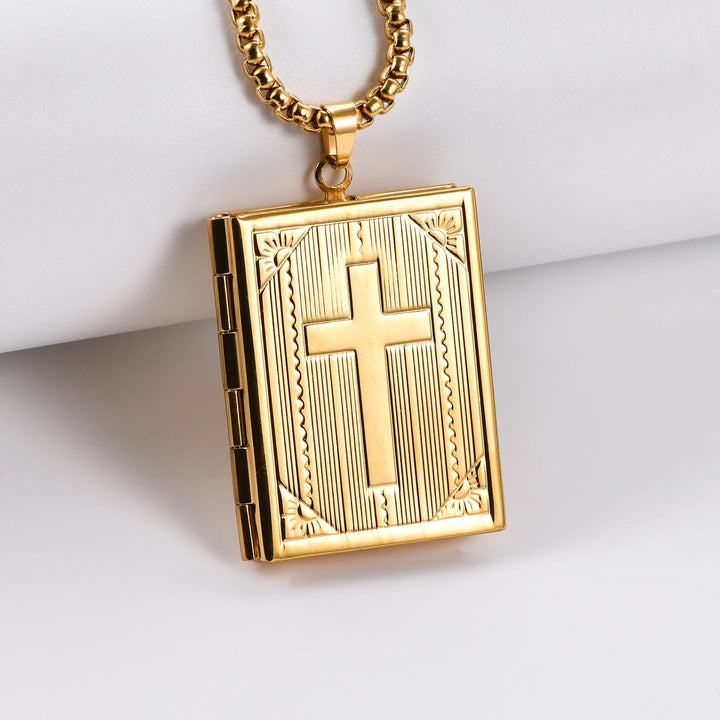 Christianartworkshop Hinged Book Locket Jesus Cross Pendant Necklace - Golden - image 1