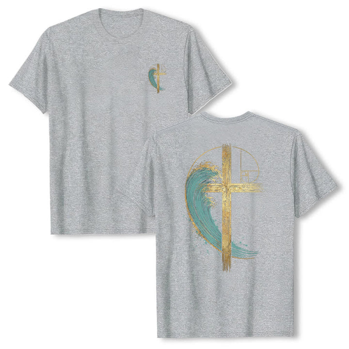 Christianartworkshop Golden Cross Wave Fibonacci Dual Side Print Classic T-shirt - Grey - 2XL - image 12