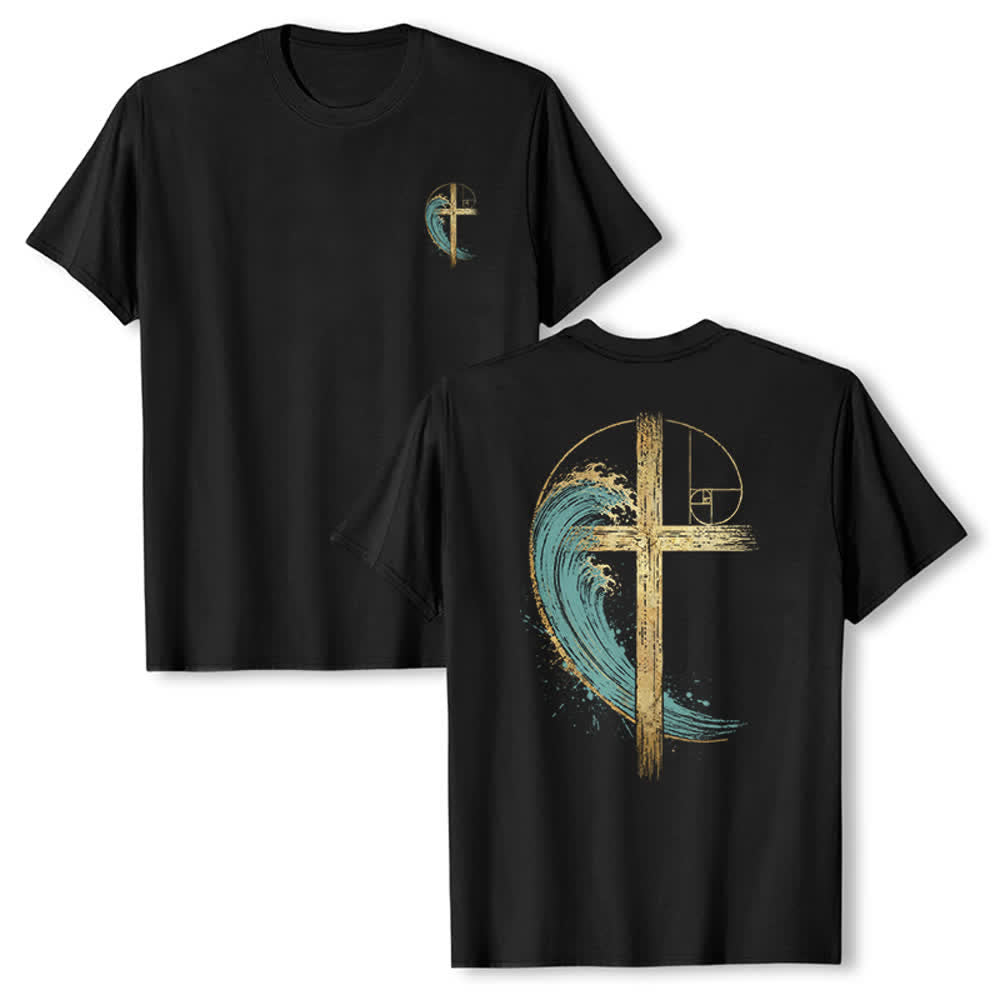 Christianartworkshop Golden Cross Wave Fibonacci Dual Side Print Classic T-shirt - Black - 2XL - image 18