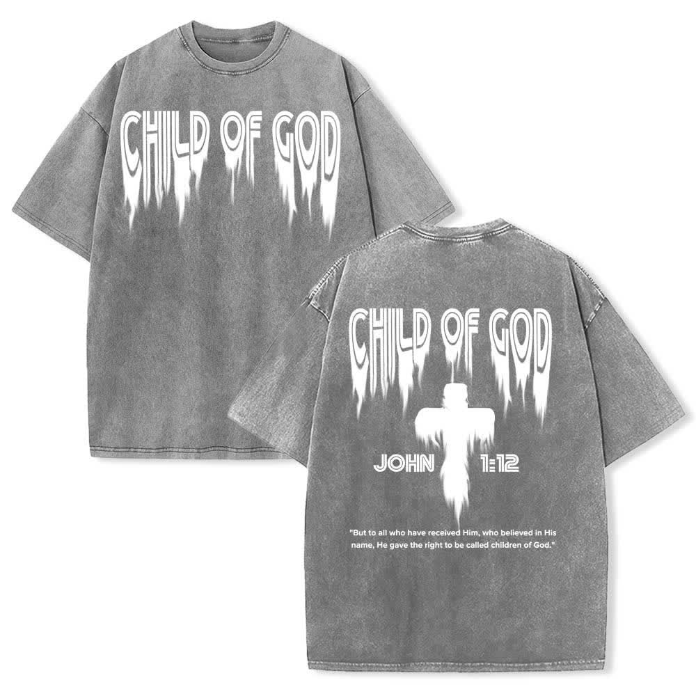 Christianartworkshop Dual-Side Child Of God John 1:12 Distressed Letter Print Washed T-shirt - Grey - 5XL - image 9