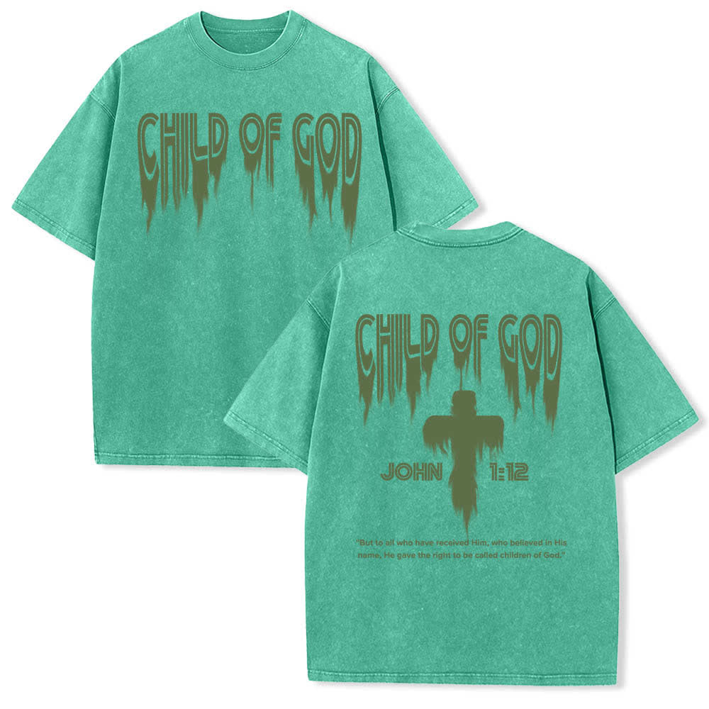 Christianartworkshop Dual-Side Child Of God John 1:12 Distressed Letter Print Washed T-shirt - Green - 5XL - image 12