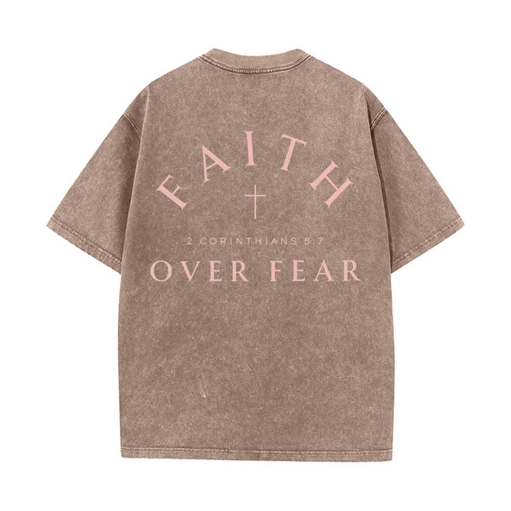 Christianartworkshop Dual-Side Faith Over Fear Cross Scripture Letter Print Washed T-shirt - image 10