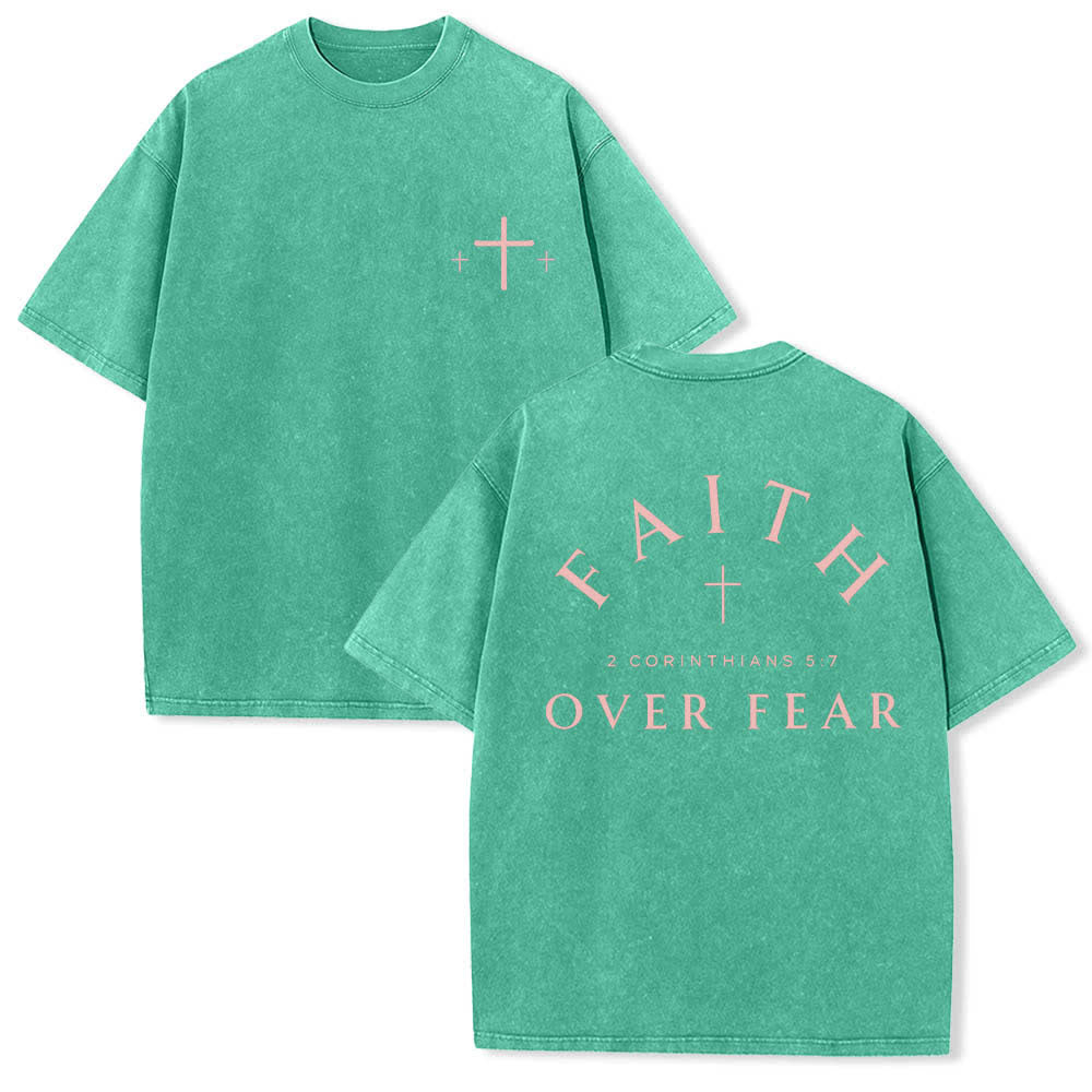 Christianartworkshop Dual-Side Faith Over Fear Cross Scripture Letter Print Washed T-shirt - Green - 5XL - image 15