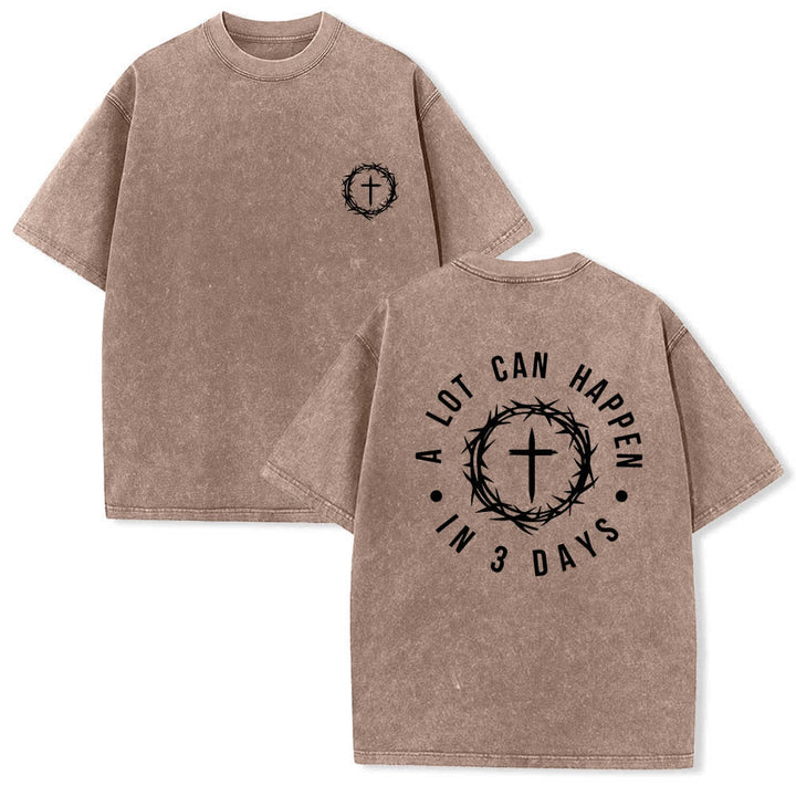 Christianartworkshop Dual-Side A Lot Can Happen In 3 Days Crown Of Thorns Cross Letter Print Washed T-shirt - Brown - 5XL - image 18