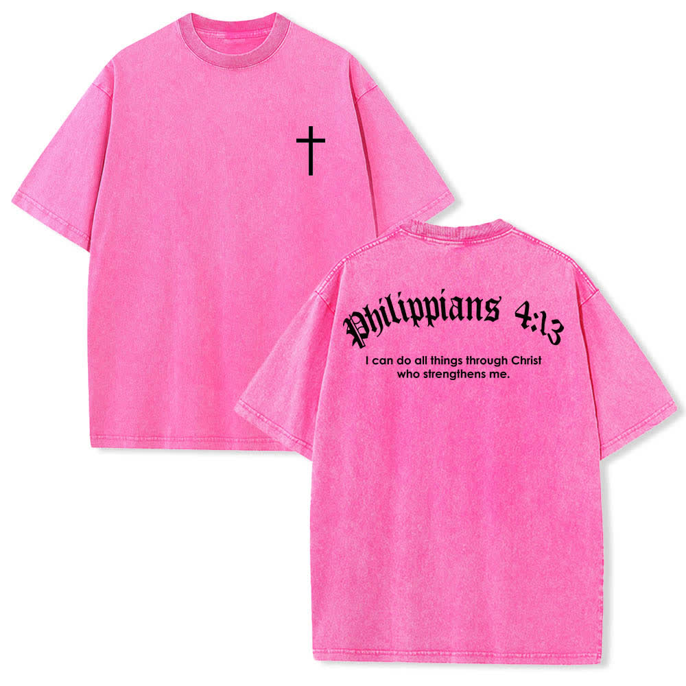 Christianartworkshop Dual-Side Philippians 4:13 Cross Scripture Letter Print Washed T-shirt - Pink - 5XL - image 15