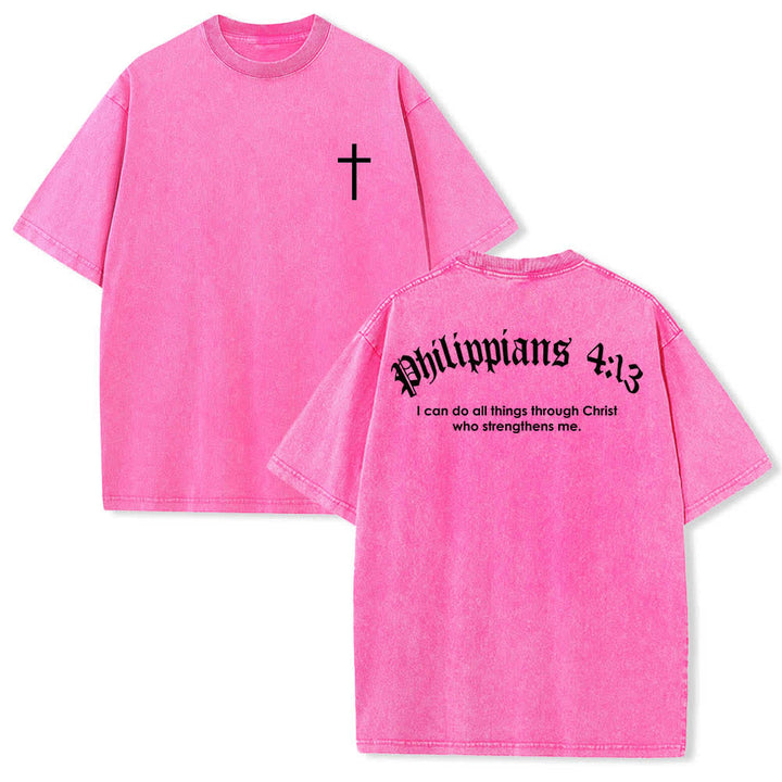Christianartworkshop Dual-Side Philippians 4:13 Cross Scripture Letter Print Washed T-shirt - Pink - 5XL - image 15
