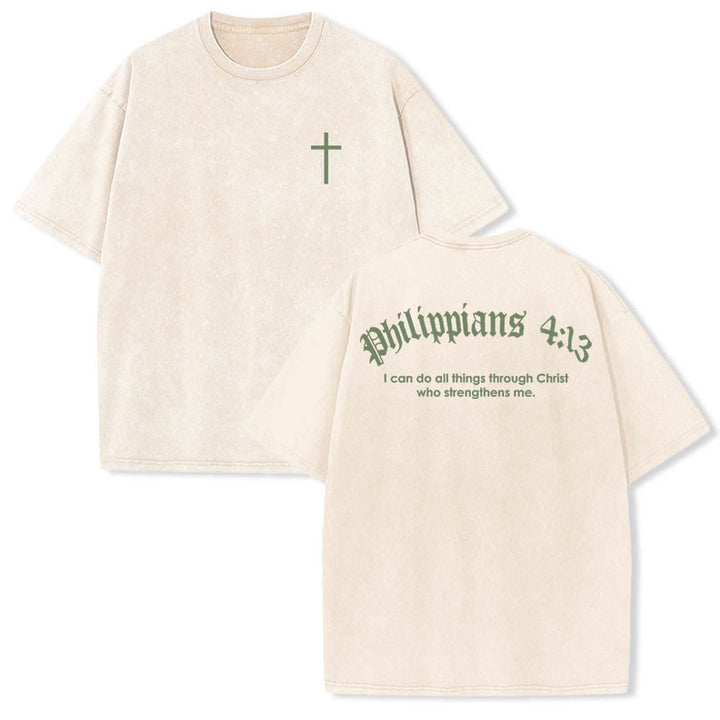 Christianartworkshop Dual-Side Philippians 4:13 Cross Scripture Letter Print Washed T-shirt - Beige - 5XL - image 9