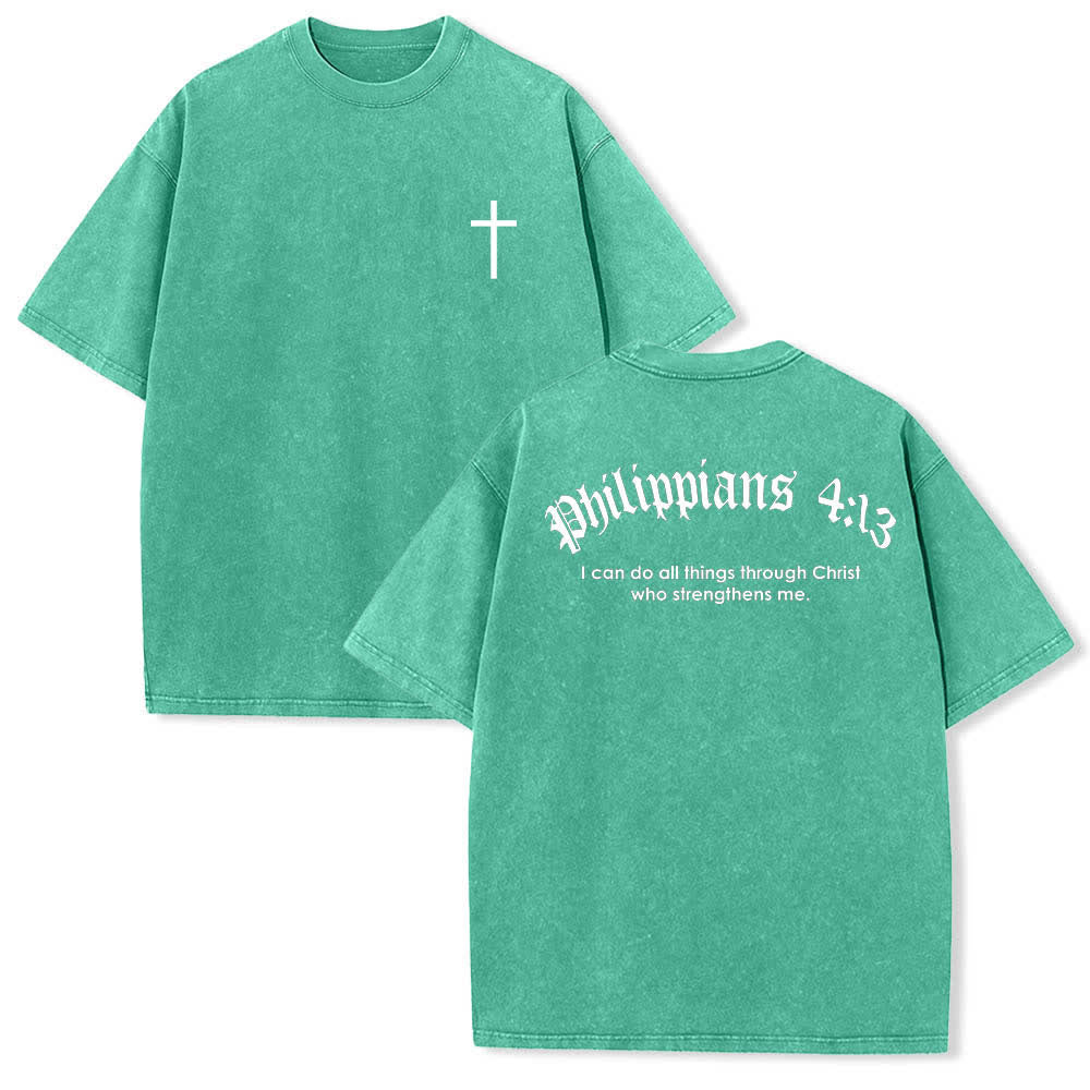 Christianartworkshop Dual-Side Philippians 4:13 Cross Scripture Letter Print Washed T-shirt - Green - 5XL - image 3