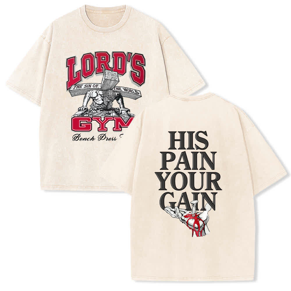 Christianartworkshop Dual-Side Lord's Gym His Pain Your Gain Graphic Letter Print Washed T-shirt - Beige - 5XL - image 12