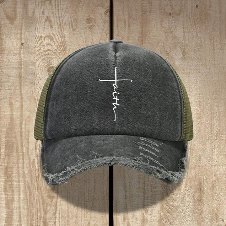 Christianartworkshop Distressed Faith Cross Cursive Letter Print Hat - Army Green - image 3