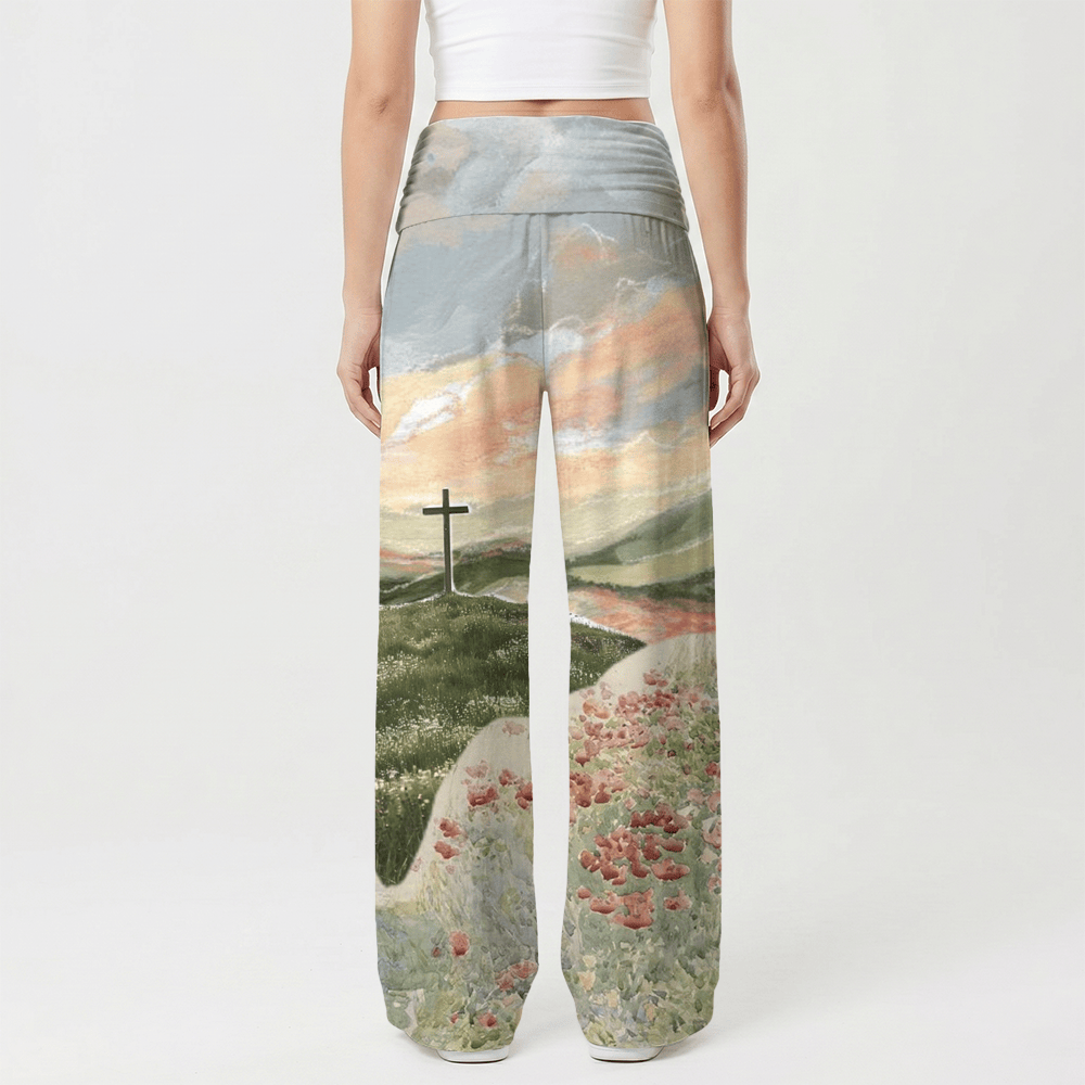 Christianartworkshop Pastoral Hill Cross Sunset Poppy Oil Art Casual Faith Women’s Wide Leg Pants - image 2