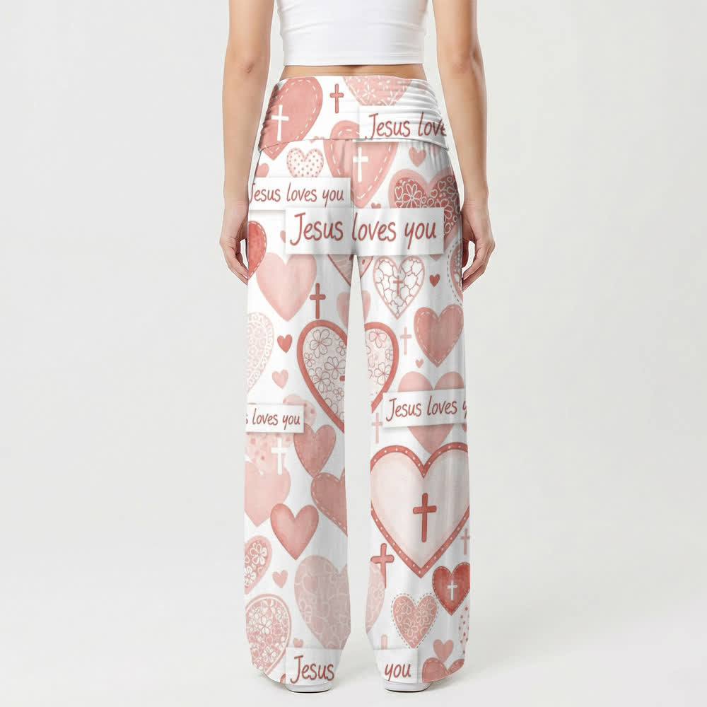Christianartworkshop Pink Heart Cross Jesus Loves You Letter Art Casual Faith Women’s Wide Leg Pants - image 2