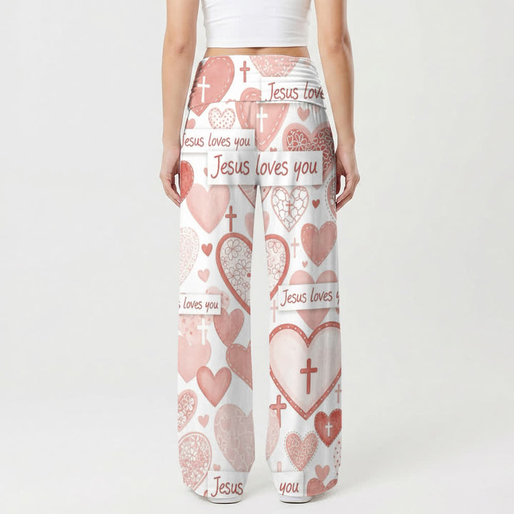 Christianartworkshop Pink Heart Cross Jesus Loves You Letter Art Casual Faith Women’s Wide Leg Pants - image 2