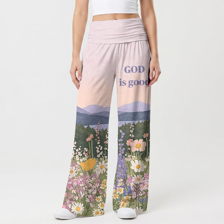 Christianartworkshop Pastoral Mountain Wildflower God Is Good Oil Art Casual Faith Women’s Wide Leg Pants - image 1