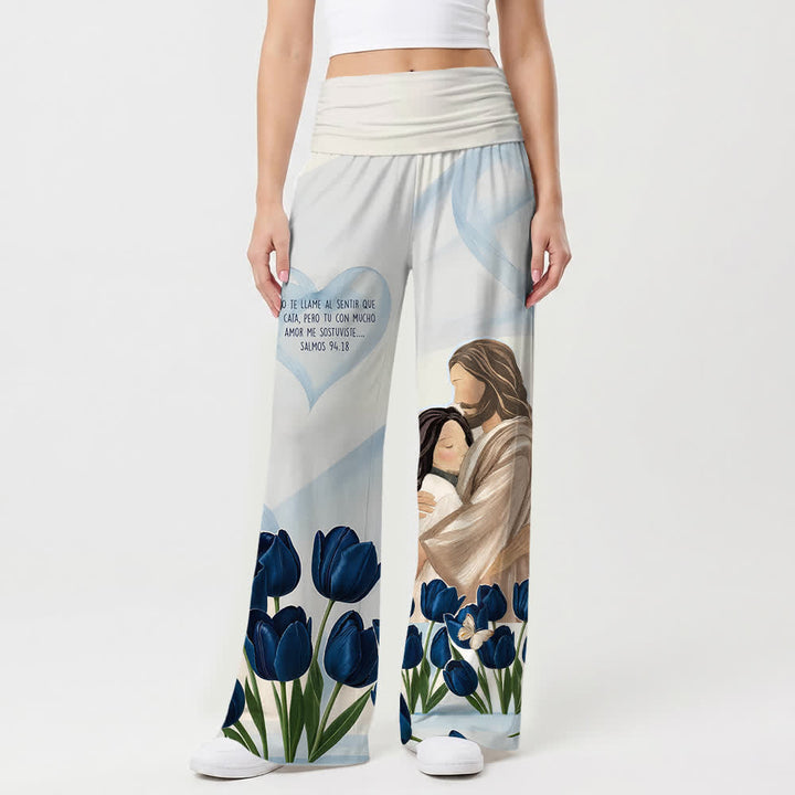 Christianartworkshop Embrace Jesus Blue Tulip Spanish Scripture Floral Art Casual Faith Women’s Wide Leg Pants - image 1