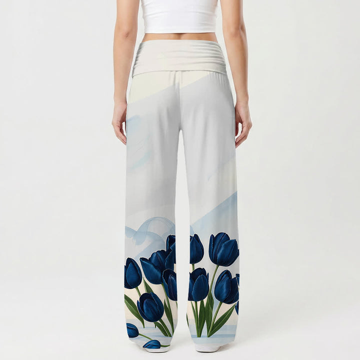 Christianartworkshop Embrace Jesus Blue Tulip Spanish Scripture Floral Art Casual Faith Women’s Wide Leg Pants - image 2