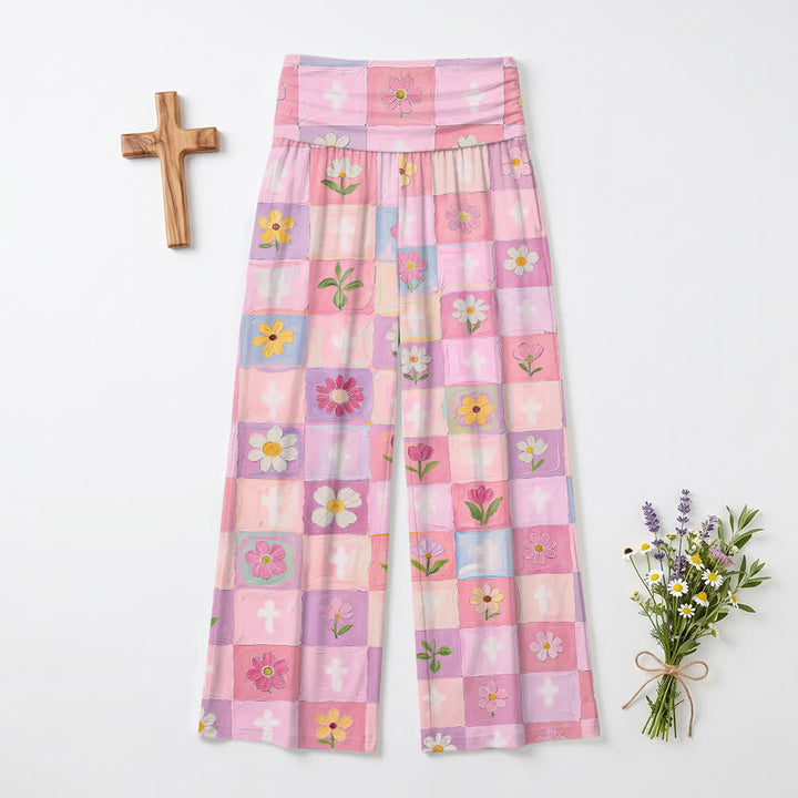 Christianartworkshop Pastel Checkerboard Floral Cross Oil Art Casual Faith Women’s Wide Leg Pants - US22,UK/AU26,EU54(6XL) - image 0