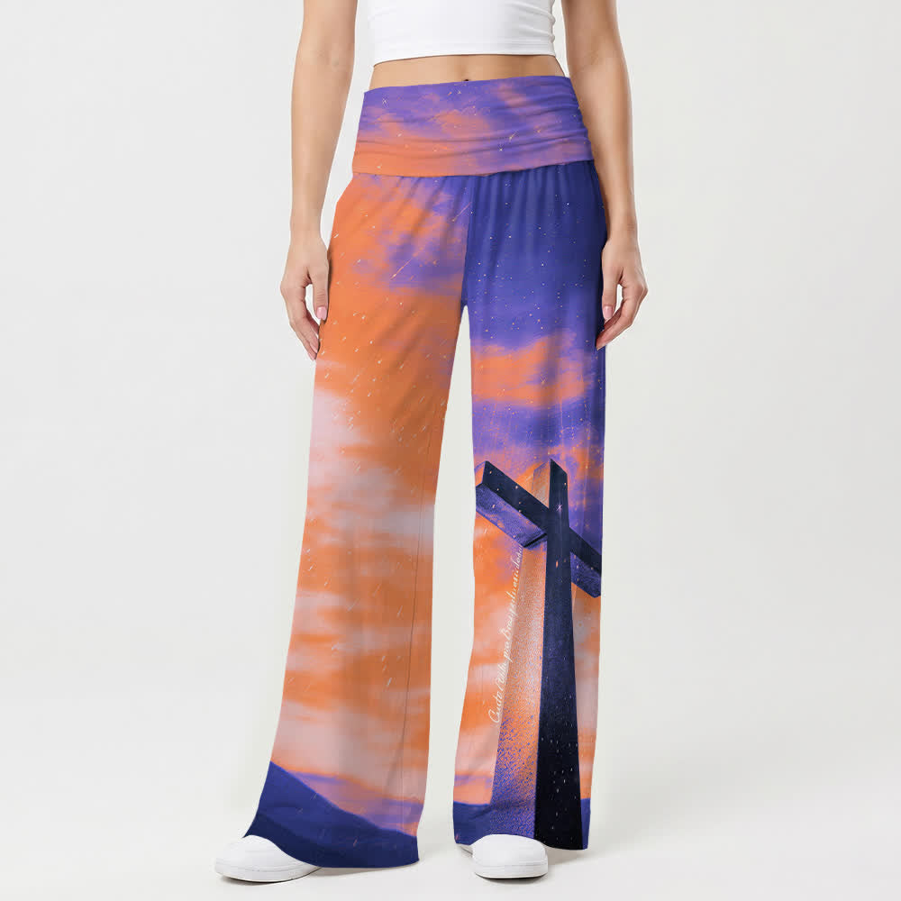 Christianartworkshop Sunset Mountain Starry Sky Cross Landscape Art Casual Faith Women’s Wide Leg Pants - image 1