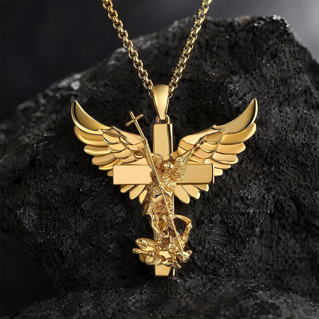 Christianartworkshop Guardian St. Michael Winged Cross Statement Pendant Necklace - St. Michael Archangel & Cross - image 0