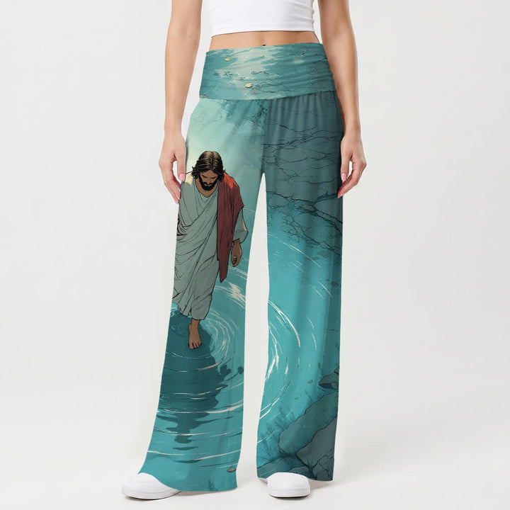 Christianartworkshop Jesus Walking On Water Ripple Lake Comic Art Casual Faith Women’s Wide Leg Pants - image 1