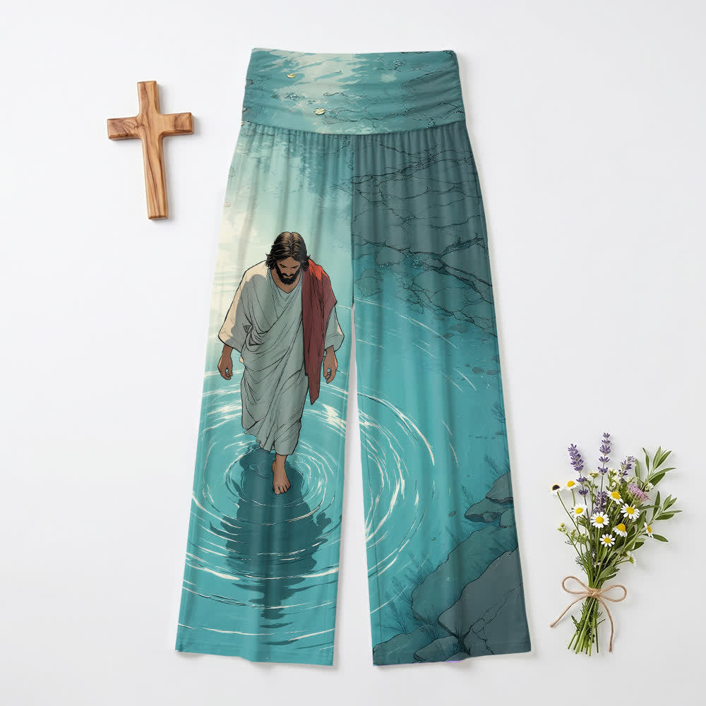 Christianartworkshop Jesus Walking On Water Ripple Lake Comic Art Casual Faith Women’s Wide Leg Pants - US22,UK/AU26,EU54(6XL) - image 0