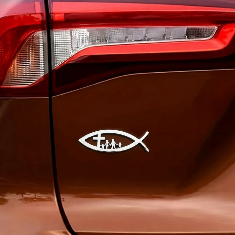 Christianartworkshop Ichthys Hollow Fish Car Sticker with Cross & Family Silhouette: A Symbol of Family Blessing & Divine Shelter - image 1