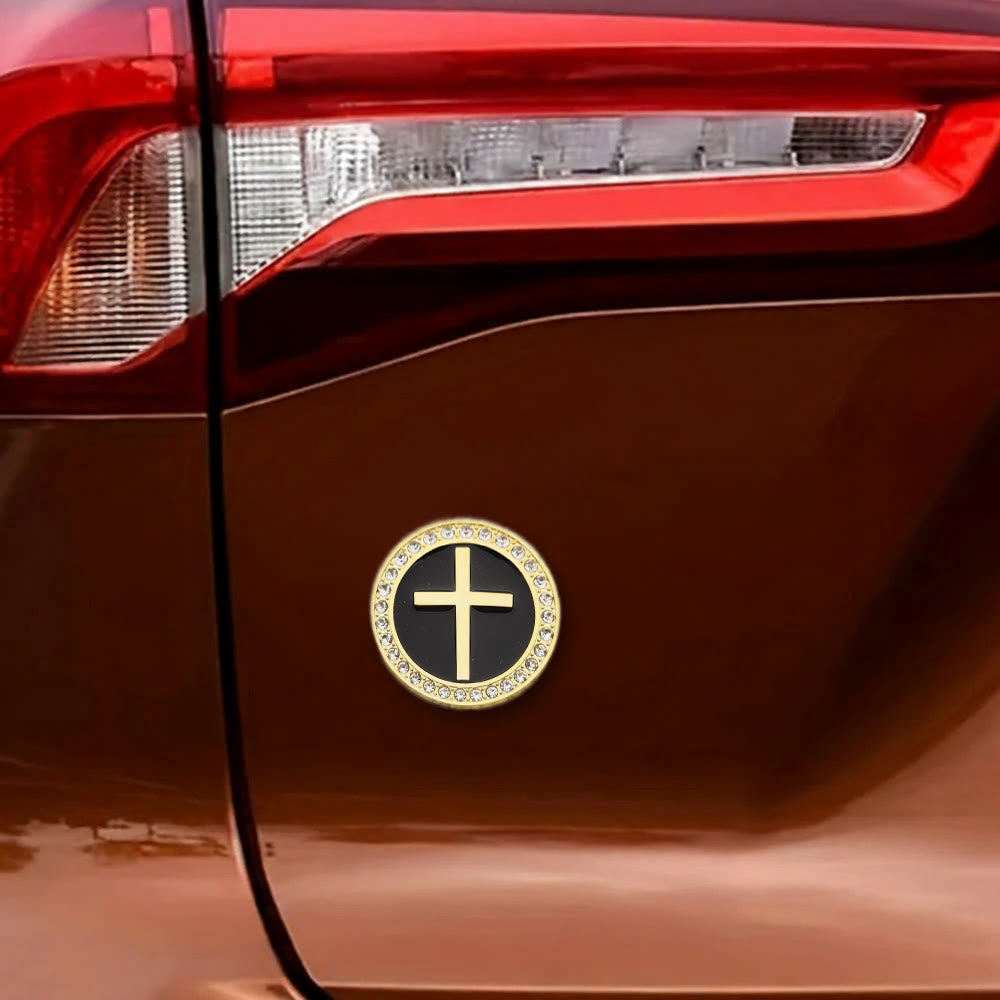 Christianartworkshop Rhinestone Rim Circular Raised Cross Car Sticker: A Symbol of Divine Grace & All-Round Journey Protection - image 1
