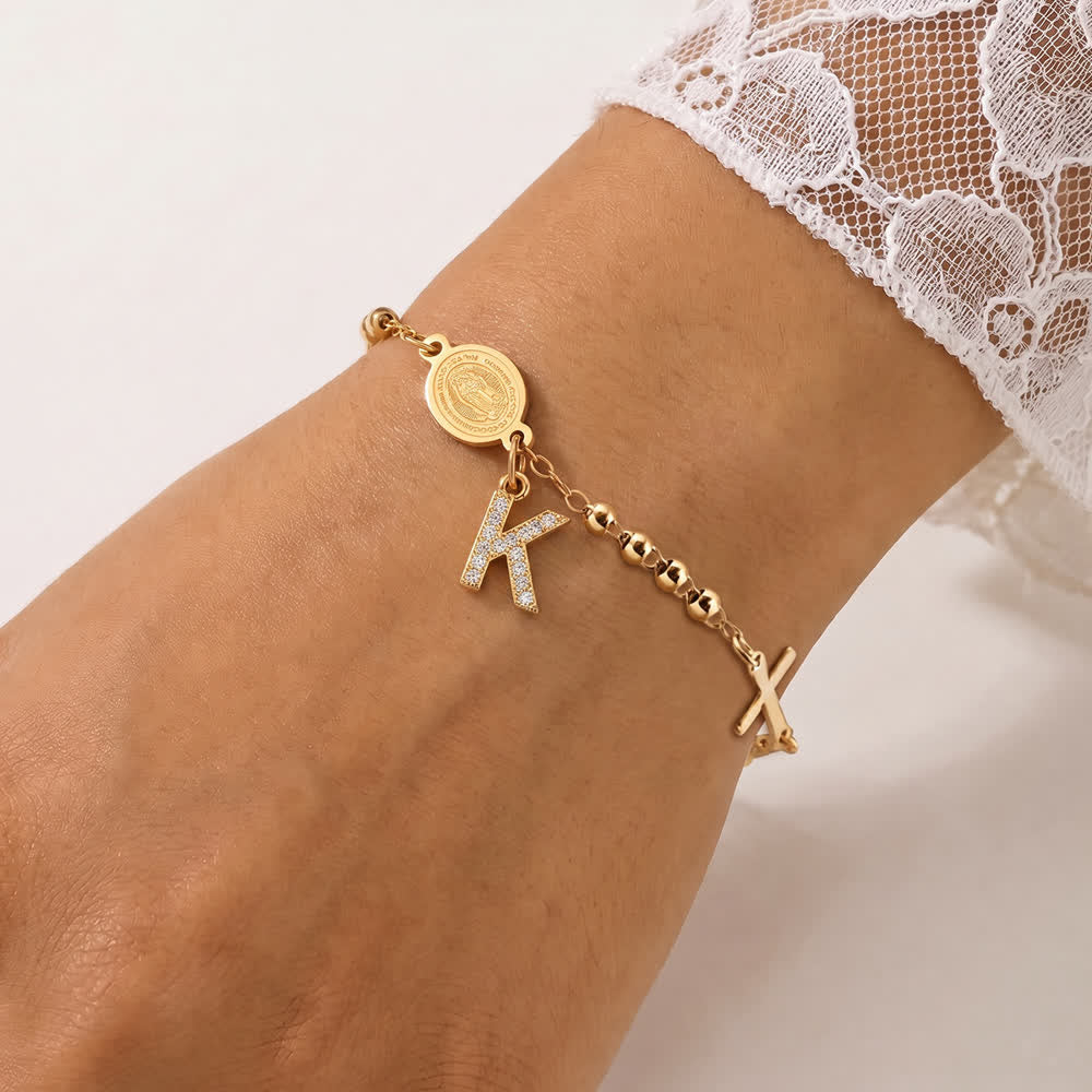 Christianartworkshop Customizable 26 Letter Paved Zircon Initial Beaded Rosary Bracelet With Our Lady Miraculous Medal - K - image 15