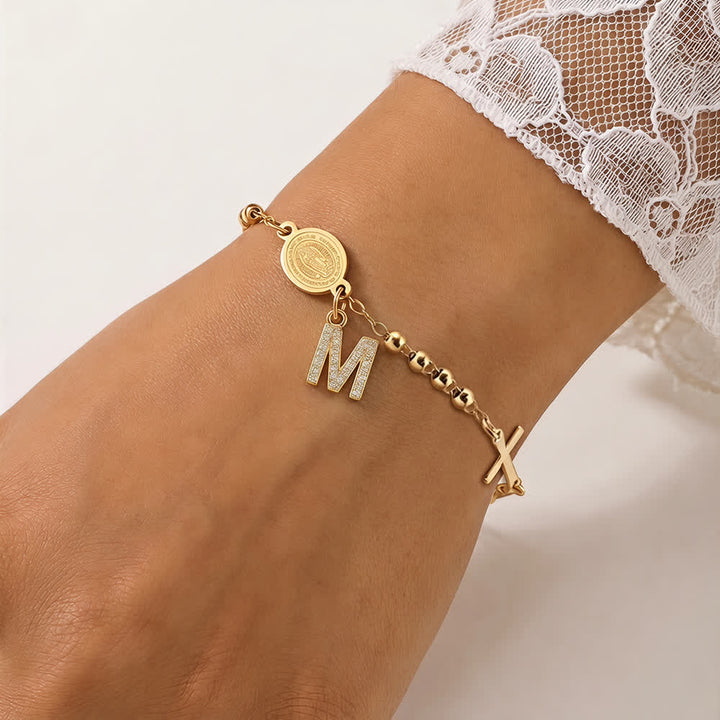 Christianartworkshop Customizable 26 Letter Paved Zircon Initial Beaded Rosary Bracelet With Our Lady Miraculous Medal - M - image 17