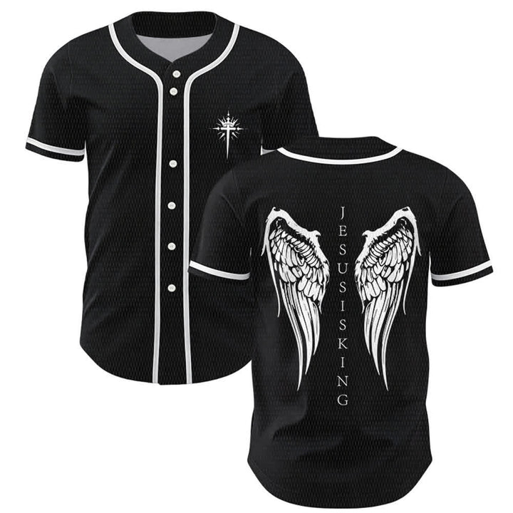 Christianartworkshop Jesus Is King Angel Wings Cross Faith Statement Custom Baseball Jersey - Black - 5XL - image 0