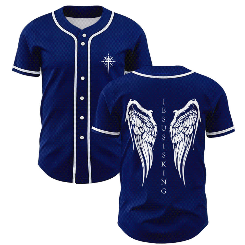 Christianartworkshop Jesus Is King Angel Wings Cross Faith Statement Custom Baseball Jersey - Navy Blue - 5XL - image 7