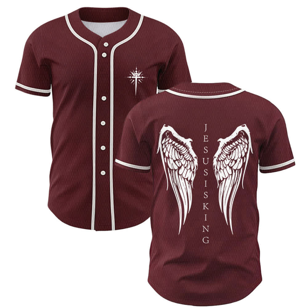 Christianartworkshop Jesus Is King Angel Wings Cross Faith Statement Custom Baseball Jersey - Wine - 5XL - image 35