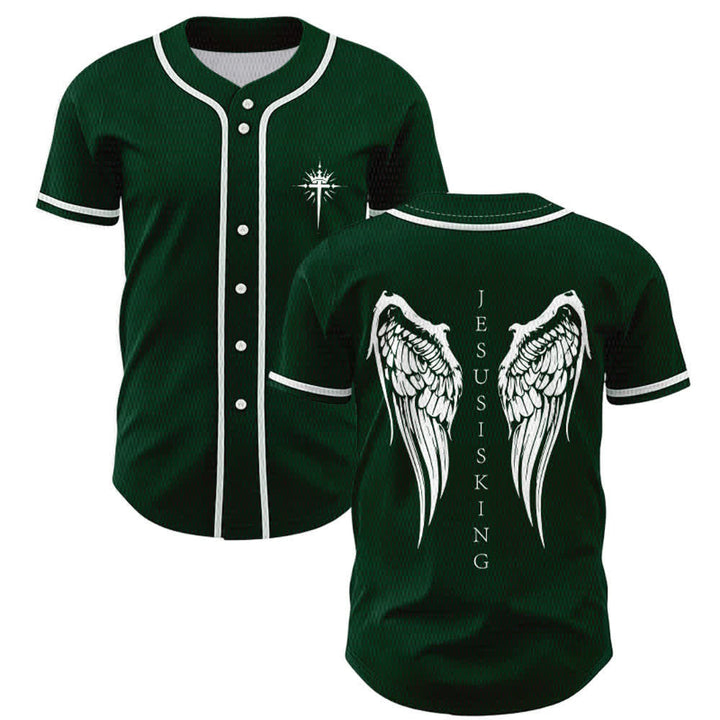 Christianartworkshop Jesus Is King Angel Wings Cross Faith Statement Custom Baseball Jersey - Green - 5XL - image 49