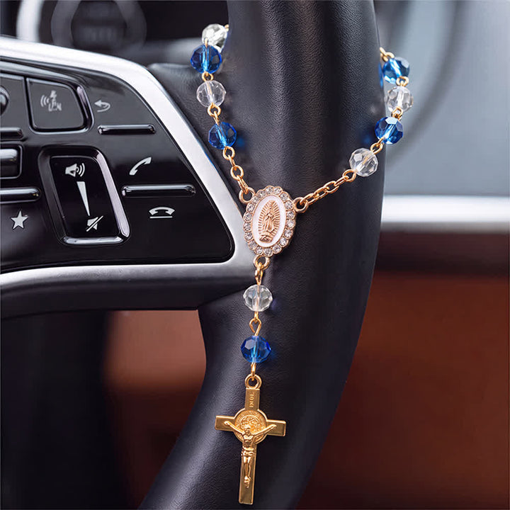 Christianartworkshop Oval Sacred Portrait Our Lady Multi-Tone Bead Crucifix Car Hanging Pendant: A Reminder of Merciful Divine Protection on Every Trip - Blue - image 7