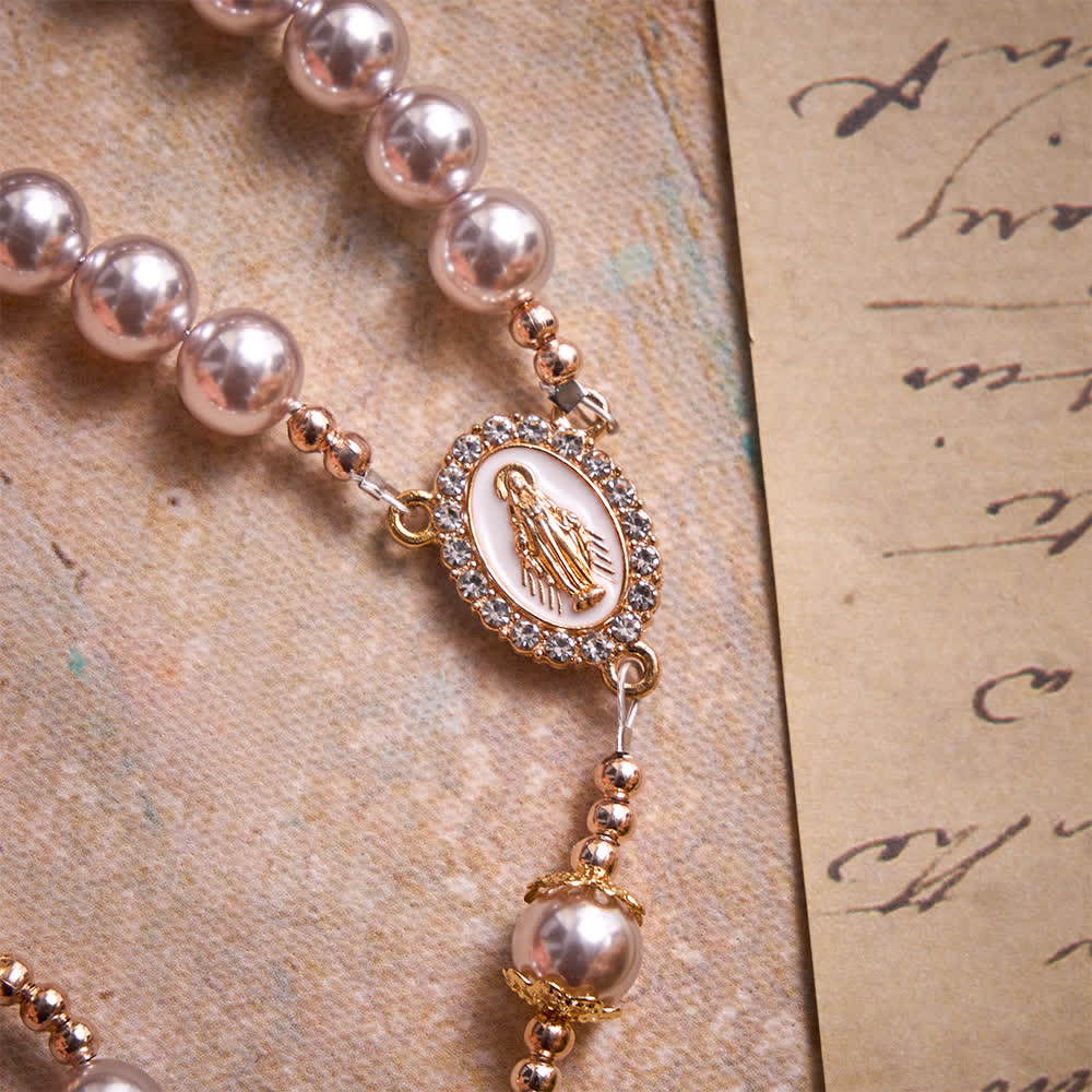 Christianartworkshop Pale Pinkish Purple  Pearl Our Lady Rosary With Jeweled Golden Crucifix: Emblem of Pure Heavenly Tenderness - image 6