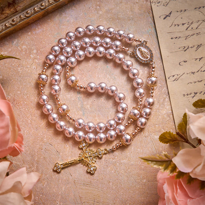Christianartworkshop Pale Pinkish Purple  Pearl Our Lady Rosary With Jeweled Golden Crucifix: Emblem of Pure Heavenly Tenderness - image 2