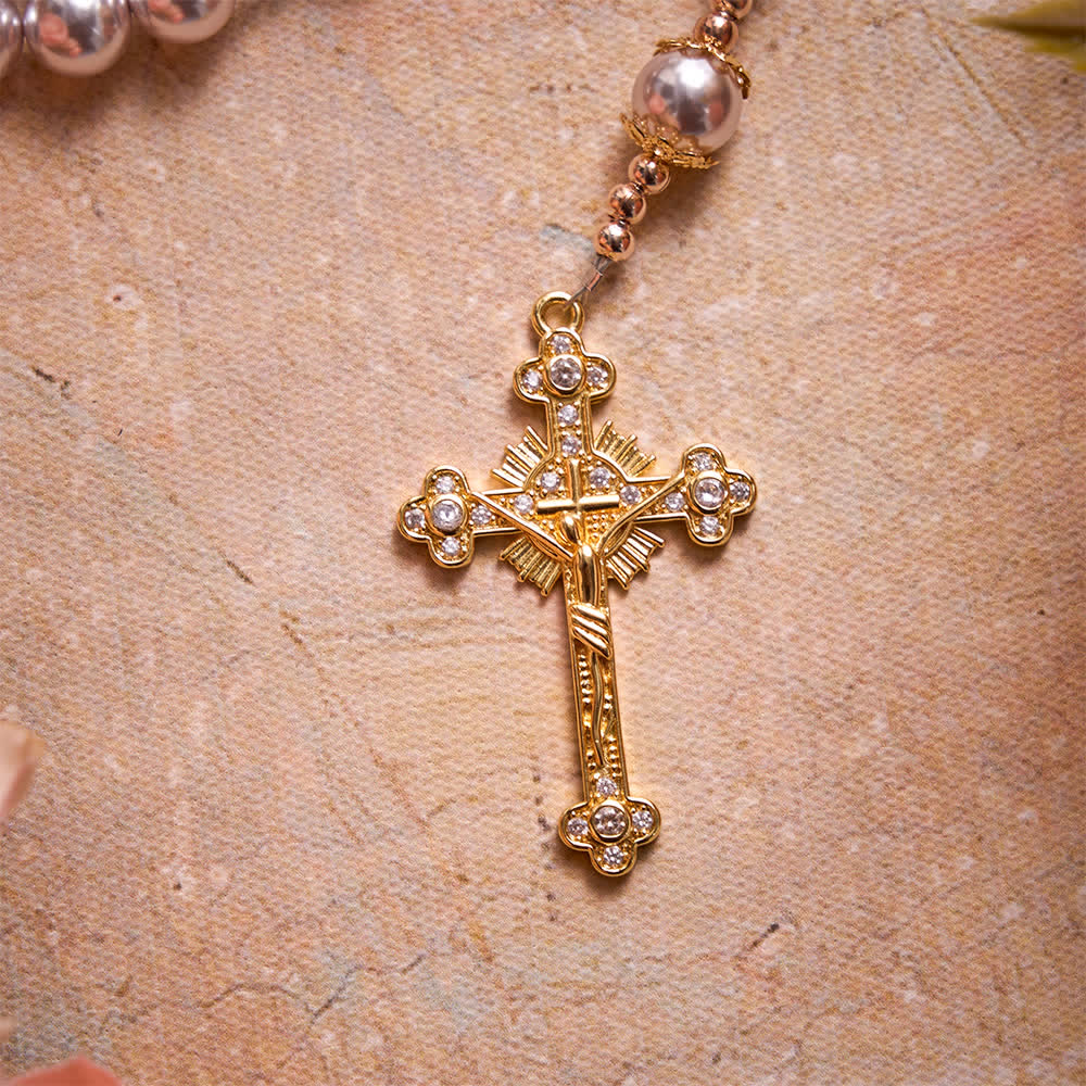 Christianartworkshop Pale Pinkish Purple  Pearl Our Lady Rosary With Jeweled Golden Crucifix: Emblem of Pure Heavenly Tenderness - image 7