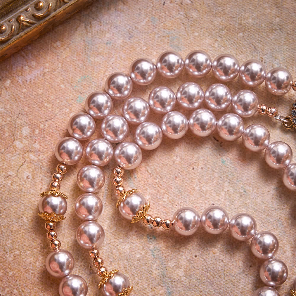Christianartworkshop Pale Pinkish Purple  Pearl Our Lady Rosary With Jeweled Golden Crucifix: Emblem of Pure Heavenly Tenderness - image 5