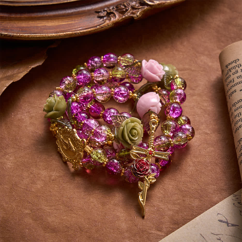 Christianartworkshop Pink & Green Crackle Faceted Glass Bead Rose Floral Our Lady Cross Rosary - image 2