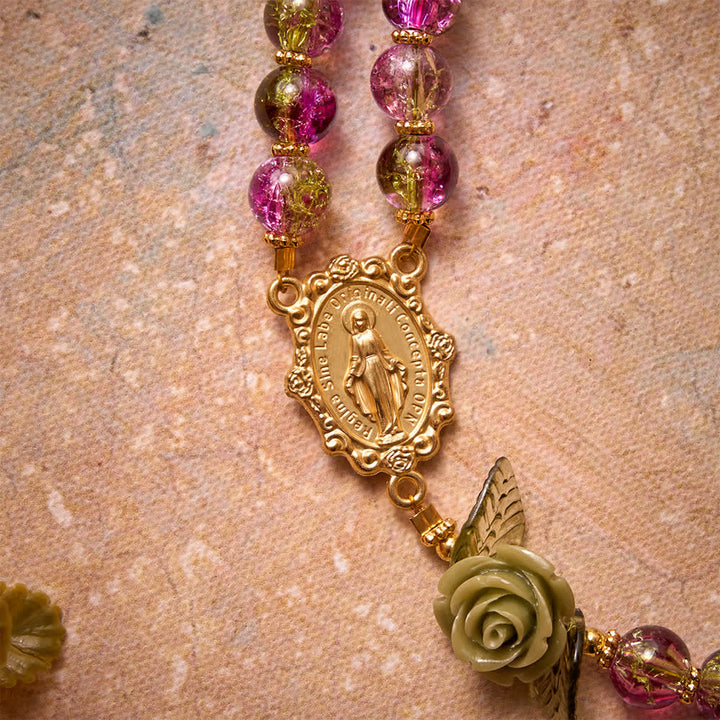 Christianartworkshop Pink & Green Crackle Faceted Glass Bead Rose Floral Our Lady Cross Rosary - image 7