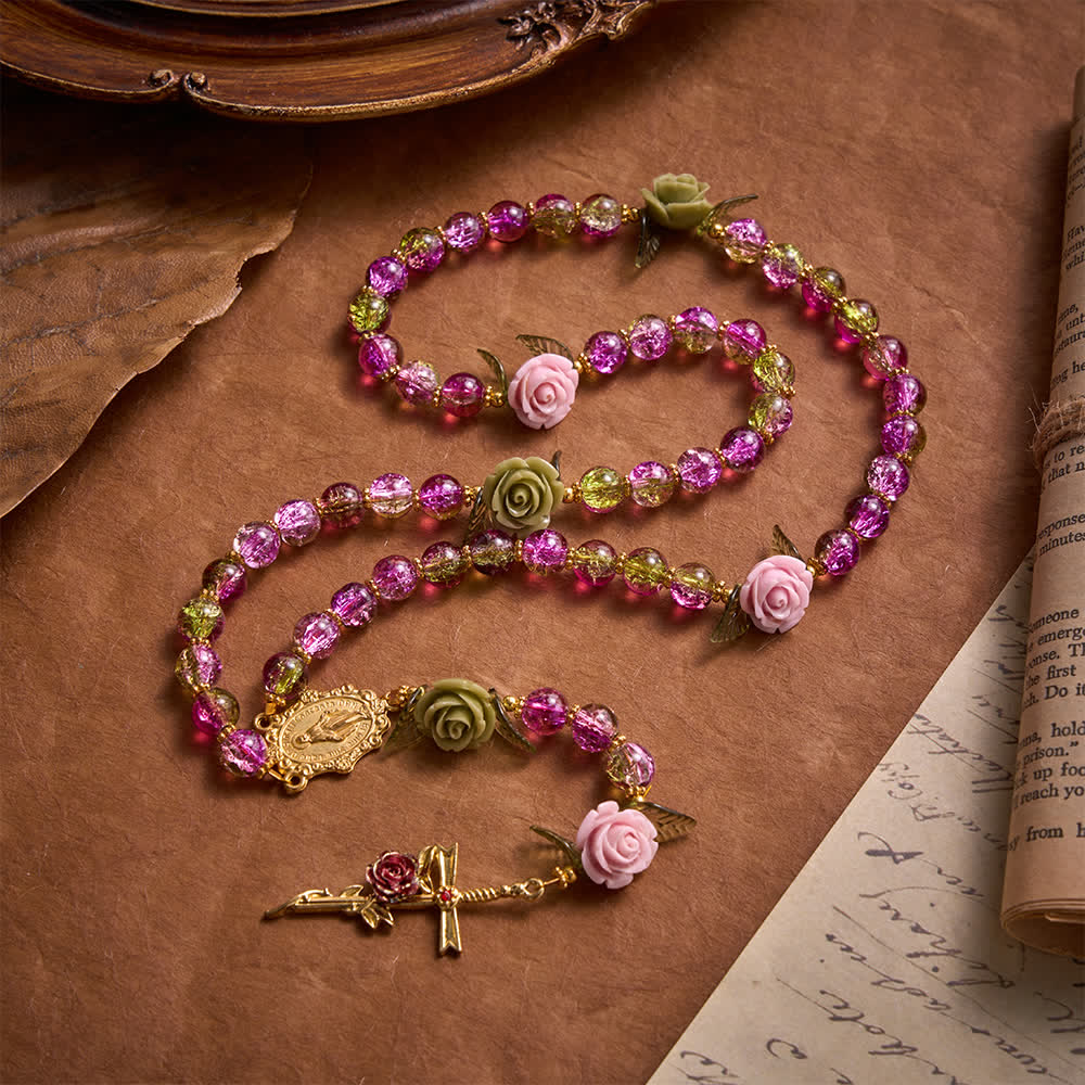 Christianartworkshop Pink & Green Crackle Faceted Glass Bead Rose Floral Our Lady Cross Rosary - image 3