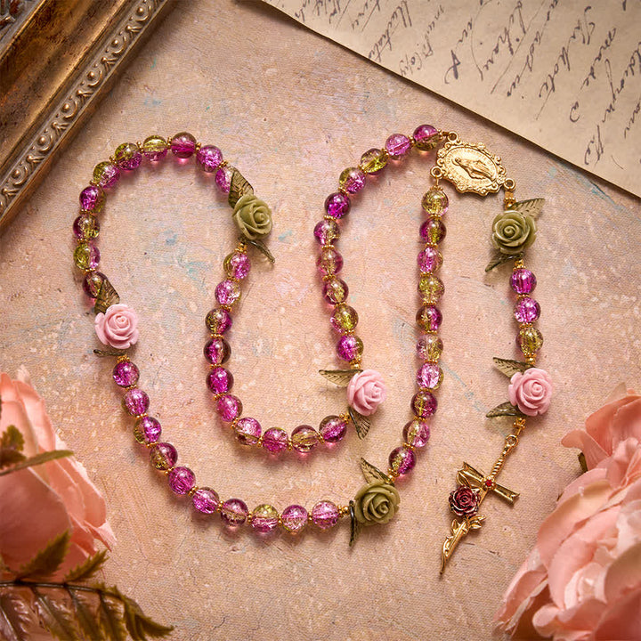 Christianartworkshop Pink & Green Crackle Faceted Glass Bead Rose Floral Our Lady Cross Rosary - image 4