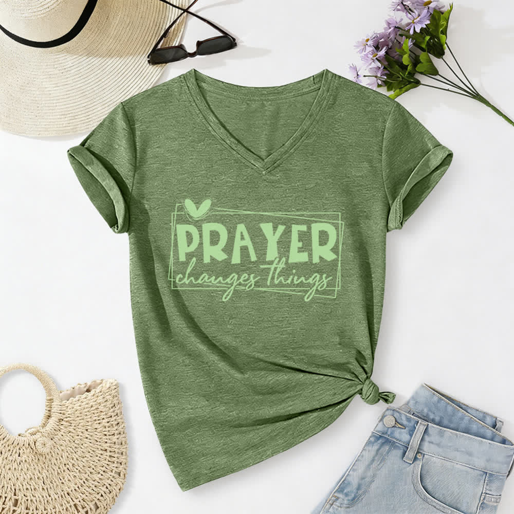Christianartworkshop Prayer Changes Things Heart Letter Print Casual V-neck T-shirt - Olive Green - 2XL - image 6