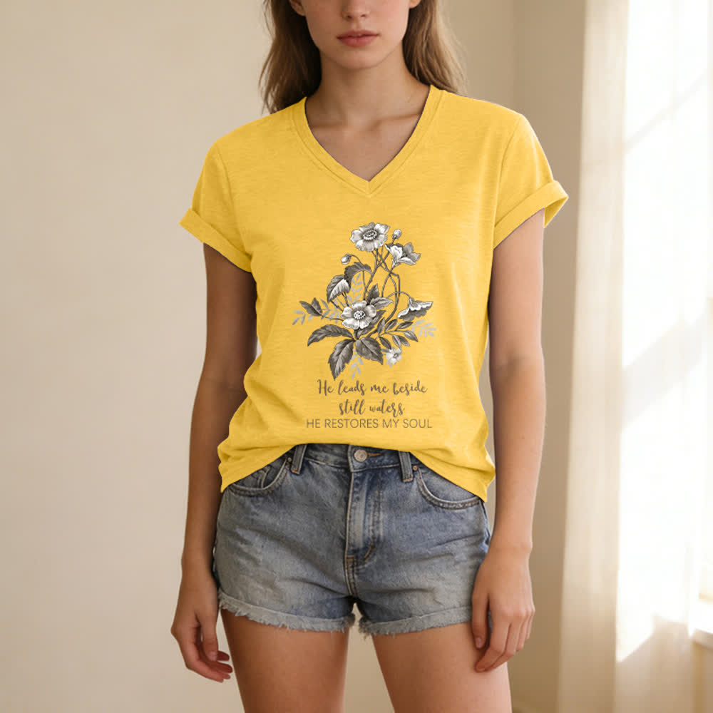 Christianartworkshop He Leads Me Beside Still Waters Floral Letter Print Casual V-neck T-shirt - image 1