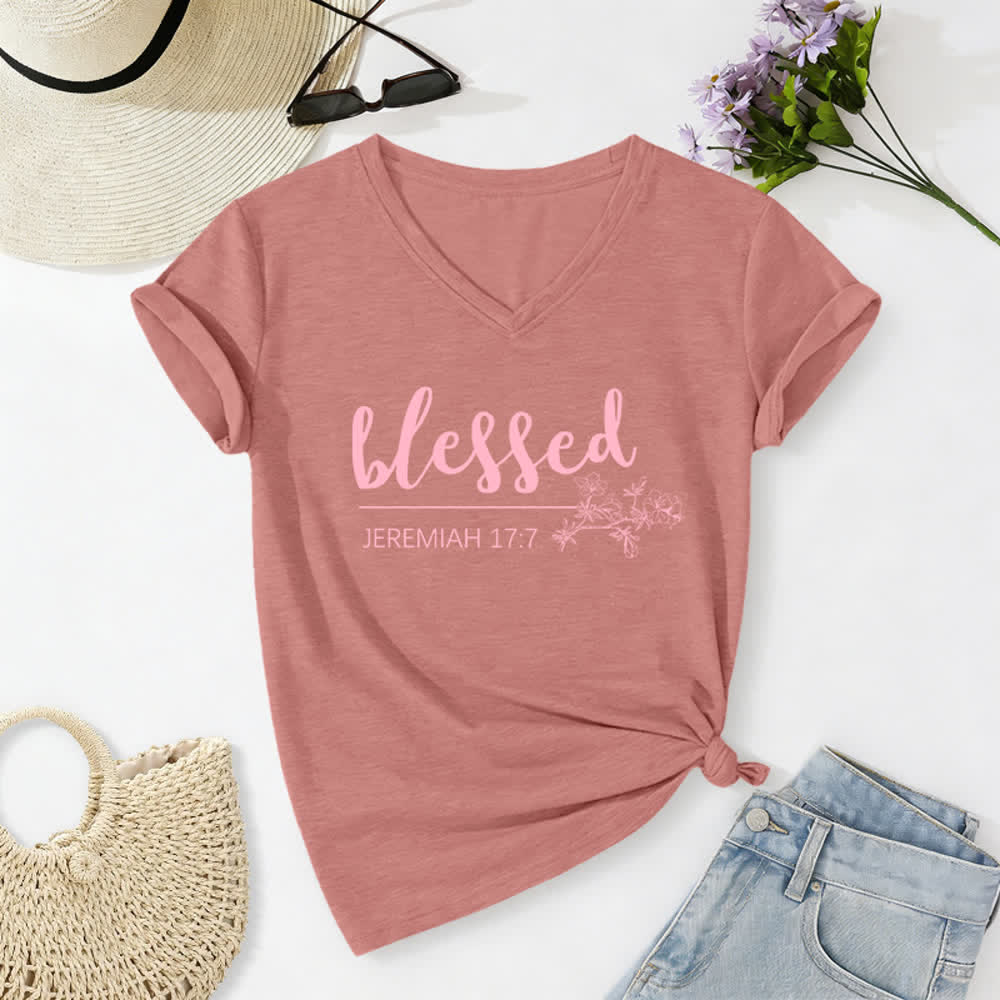 Christianartworkshop Blessed Jeremiah 17:7 Floral Navy Women’s V Neck Tee - image 18