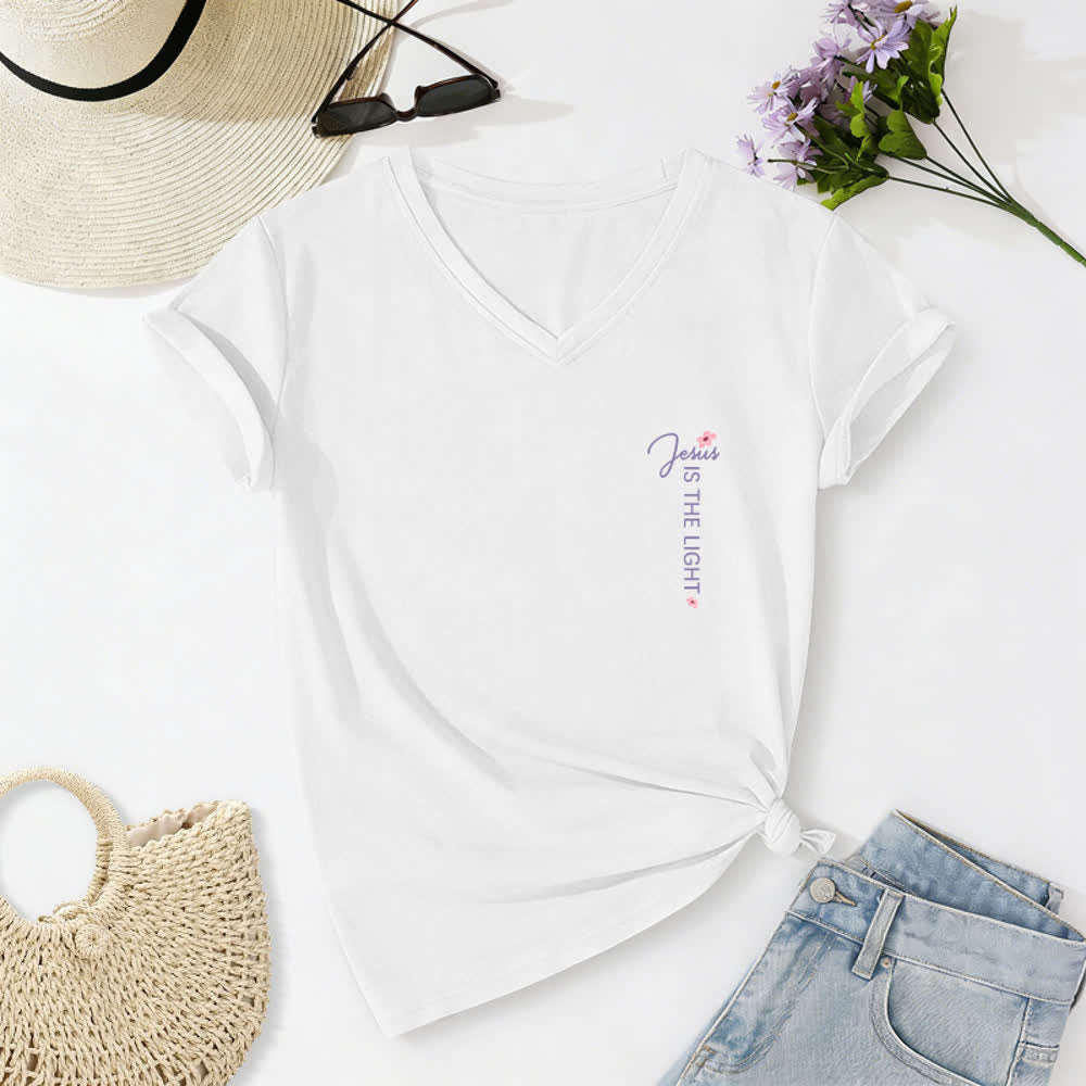 Christianartworkshop Dual-Side Jesus Is The Light Walk By Faith Not By Sight Floral Print Casual V-neck T-shirt - image 5